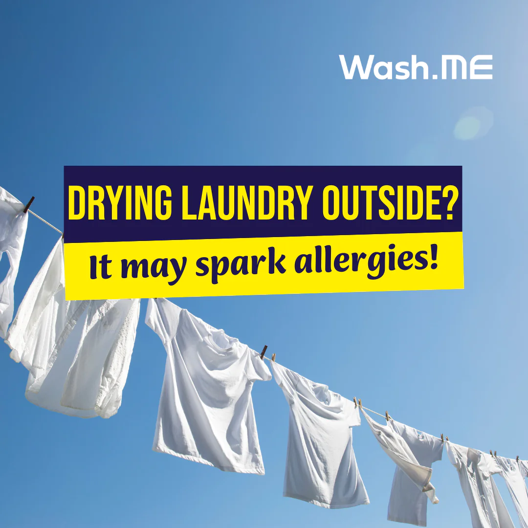 White laundry hanging on a line under a blue sky with on-screen text warning that drying laundry outside may spark allergies