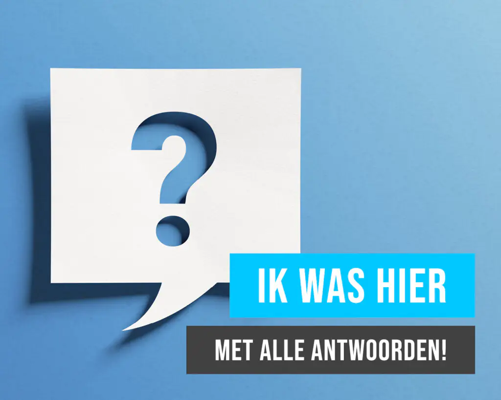 Vraagteken symbool op blauwe achtergrond met de tekst "Ik was hier met alle antwoorden!" – verwijzend naar een blog over veelgestelde vragen bij Wash-ME wasserettes.